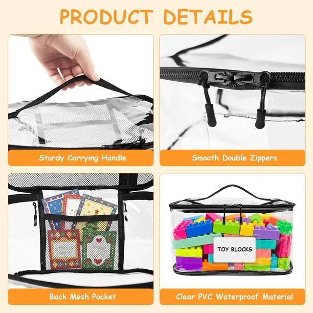 Alt view image 3 of 7 - 3 Packs Extra Large Clear Toy Storage Bags with Name Tags and Mesh Pocket, Waterproof PVC Organizer for Toys, Board Games, Building Blocks, Puzzles, Dolls (Black Edges)