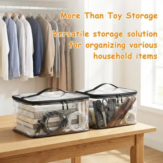 Alt view image 7 of 7 - 3 Packs Extra Large Clear Toy Storage Bags with Name Tags and Mesh Pocket, Waterproof PVC Organizer for Toys, Board Games, Building Blocks, Puzzles, Dolls (Black Edges)