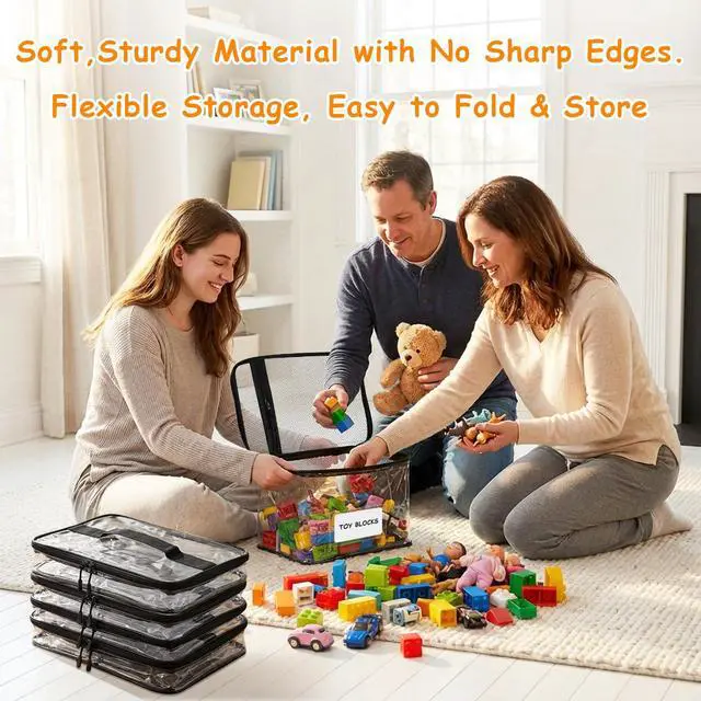 Alt view image 6 of 7 - 3 Packs Extra Large Clear Toy Storage Bags with Name Tags and Mesh Pocket, Waterproof PVC Organizer for Toys, Board Games, Building Blocks, Puzzles, Dolls (Black Edges)