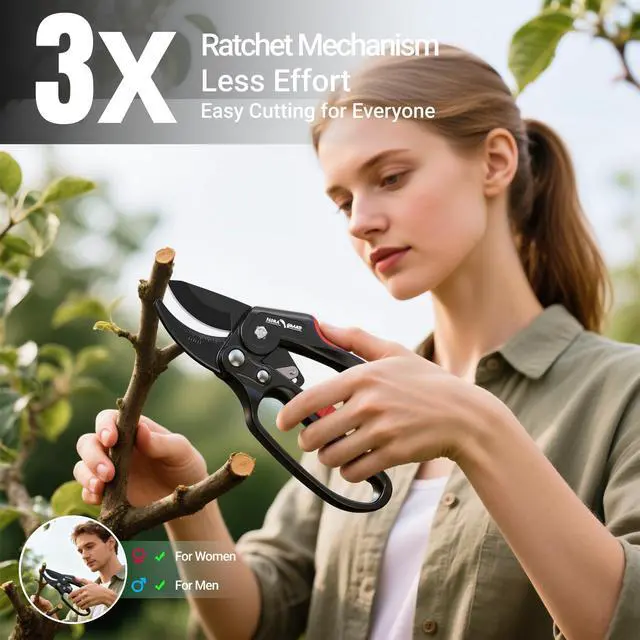 Alt view image 3 of 7 - Ratchet Pruning Shears for Seniors & Arthritic Hands, Heavy Duty Garden Clippers with SK5 Steel Blade, 3-Step Ratcheting Pruners for Thick Branches, Easy Cutting up to 7/8 Inch