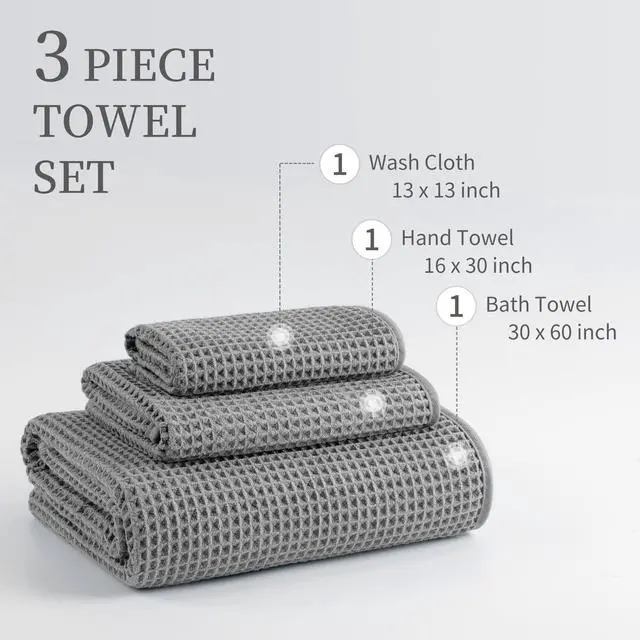 Alt view image 3 of 6 - Microfiber Waffle Bath Towels, 3 Pieces, Oversized, Soft, Absorbent, Fast Drying, Lint Free, Includes Bath, Face and Hand Towels 430 GSM