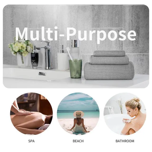 Alt view image 5 of 6 - Microfiber Waffle Bath Towels, 3 Pieces, Oversized, Soft, Absorbent, Fast Drying, Lint Free, Includes Bath, Face and Hand Towels 430 GSM
