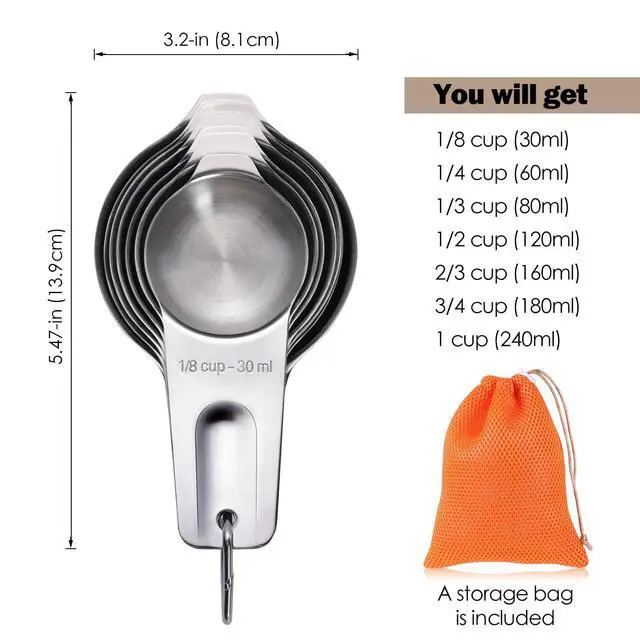 Alt view image 2 of 7 - Cups, AMOHEE 7PCS Stainless Steel Measuring Cups with a Storage Bag for Cooking & Baking, Dishwasher Safe
