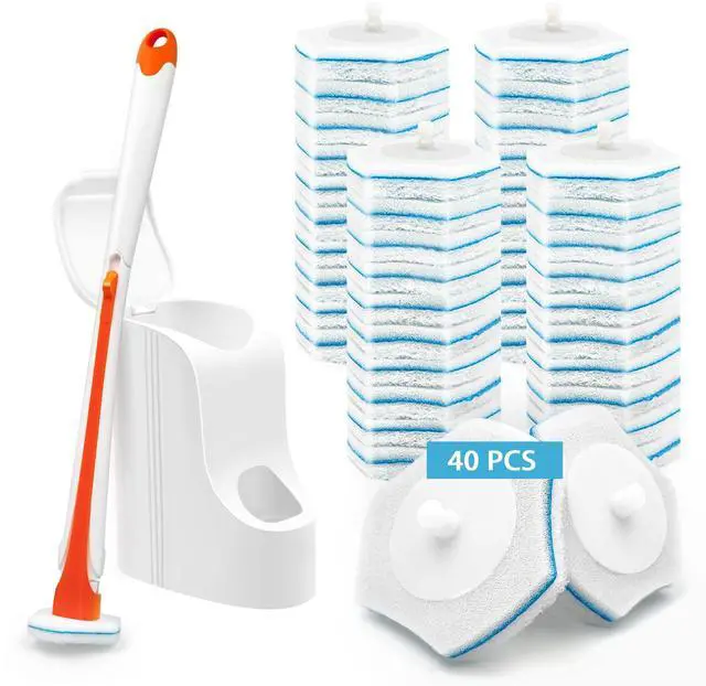 Main image of Disposable Toilet Bowl Cleaner Wand with 40 Cleaner Refills, Wall Mounted Long Handle Compact Bathroom Scrub Brush Holder Set for Sink Bathtub Wash Basin Mop Pool (Orange)