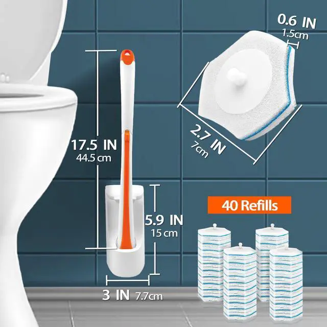 Alt view image 3 of 3 - Disposable Toilet Bowl Cleaner Wand with 40 Cleaner Refills, Wall Mounted Long Handle Compact Bathroom Scrub Brush Holder Set for Sink Bathtub Wash Basin Mop Pool (Orange)