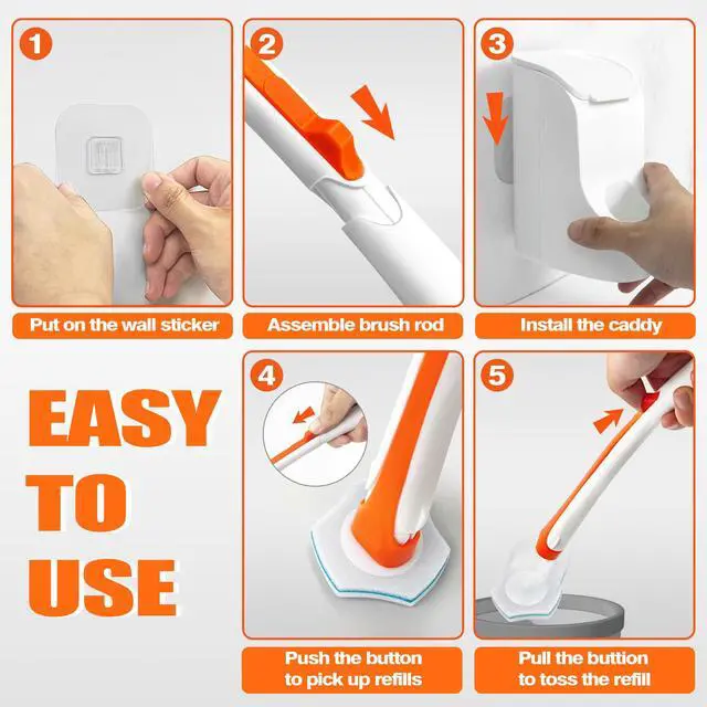 Alt view image 2 of 3 - Disposable Toilet Bowl Cleaner Wand with 40 Cleaner Refills, Wall Mounted Long Handle Compact Bathroom Scrub Brush Holder Set for Sink Bathtub Wash Basin Mop Pool (Orange)