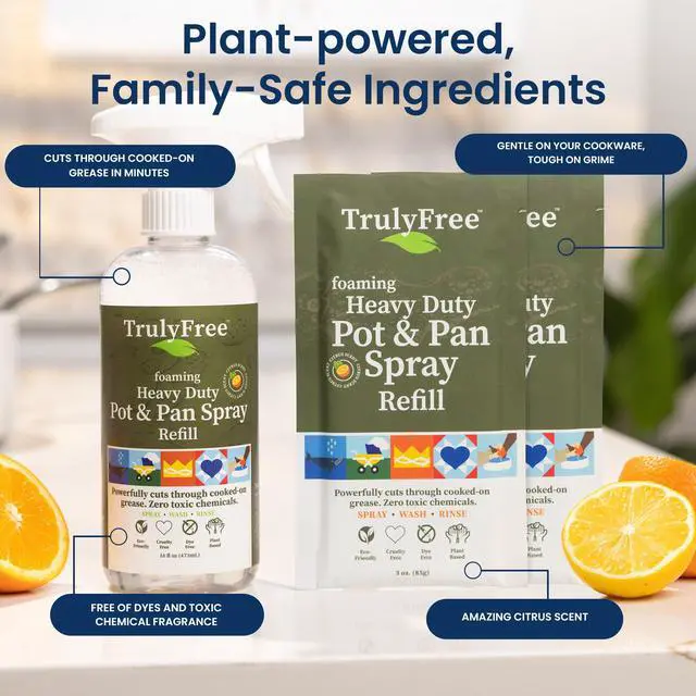 Alt view image 3 of 7 - Heavy Duty Pot & Pan Spray | Non Toxic Powerful Grease Remover, Multi-Purpose Kitchen Oven Cleaner Spray Degreaser for Stove Top, Grill Citrus Scent | 16 oz Empty Bottle + Two (3 oz) Fills