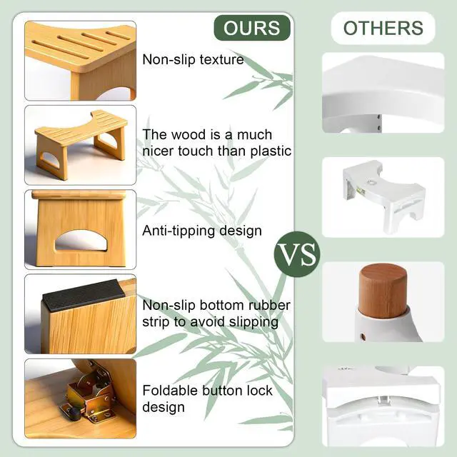 Alt view image 7 of 7 - Foldable Toilet Stool, 7 Inch Poop Stool for Bathroom, Bamboo Toilet Stool Squat Adult, Collapsible Squatting Potty Stool with Non-Slip Strip - Improve Squatting Posture and Comfort, Wood