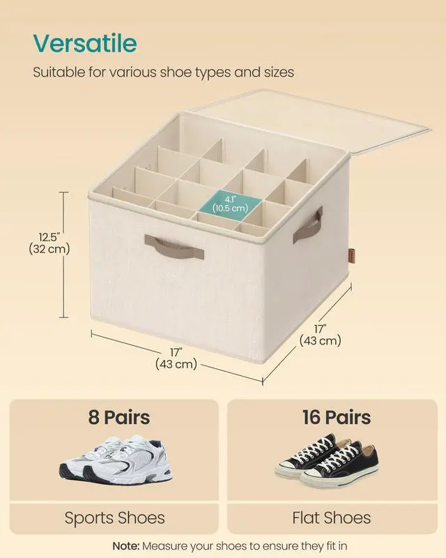 Alt view image 4 of 6 - Shoe Organizer for Closet, Fabric Shoe Organizer Box with Adjustable Dividers, Storage Compartments, Stackable, Transparent Lid, for up to 16 Pairs, Cappuccino Beige ULSP621LH01
