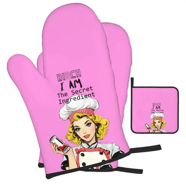 Alt view image 2 of 7 - Funny Oven Mitts and Pot Holders Sets, Cute Kitchen Oven Mitts Heat Resistant Set of 3, Pink Kitchen Gloves Hot Pads, Funny Baker Gifts for Baking Lovers Women