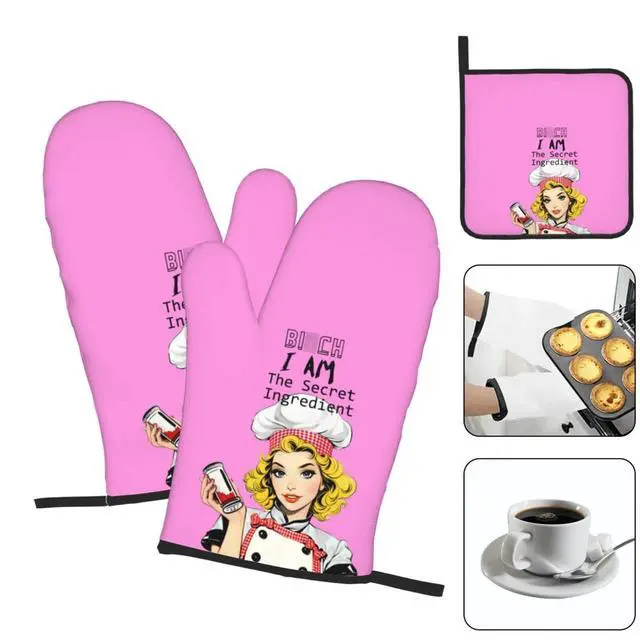 Alt view image 3 of 7 - Funny Oven Mitts and Pot Holders Sets, Cute Kitchen Oven Mitts Heat Resistant Set of 3, Pink Kitchen Gloves Hot Pads, Funny Baker Gifts for Baking Lovers Women