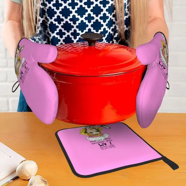 Alt view image 7 of 7 - Funny Oven Mitts and Pot Holders Sets, Cute Kitchen Oven Mitts Heat Resistant Set of 3, Pink Kitchen Gloves Hot Pads, Funny Baker Gifts for Baking Lovers Women