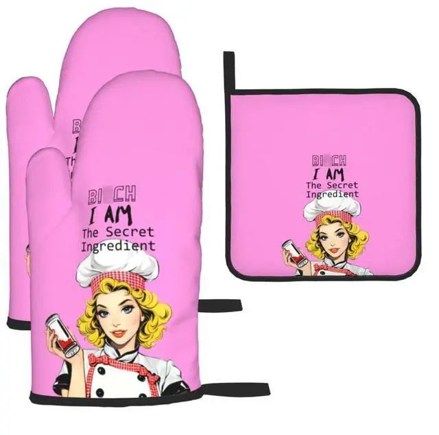 Main image of Funny Oven Mitts and Pot Holders Sets, Cute Kitchen Oven Mitts Heat Resistant Set of 3, Pink Kitchen Gloves Hot Pads, Funny Baker Gifts for Baking Lovers Women