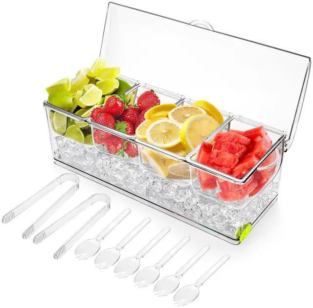 Main image of Large Ice Chilled Condiment Server with Lid, 4 Compartments Chilled Condiment Caddy, Bar Garnish Serving Platter Holder Tray for Mimosa Taco Salad Soda Lemonade Bar Supplies, 2 Tongs, 6 Forks
