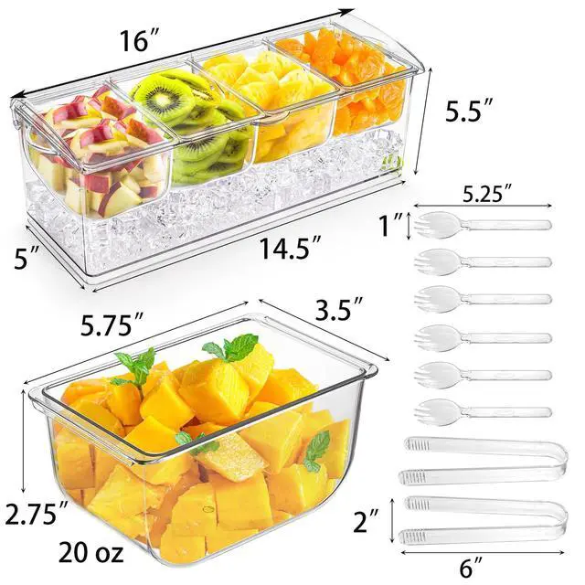 Alt view image 2 of 7 - Large Ice Chilled Condiment Server with Lid, 4 Compartments Chilled Condiment Caddy, Bar Garnish Serving Platter Holder Tray for Mimosa Taco Salad Soda Lemonade Bar Supplies, 2 Tongs, 6 Forks