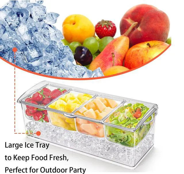Alt view image 4 of 7 - Large Ice Chilled Condiment Server with Lid, 4 Compartments Chilled Condiment Caddy, Bar Garnish Serving Platter Holder Tray for Mimosa Taco Salad Soda Lemonade Bar Supplies, 2 Tongs, 6 Forks
