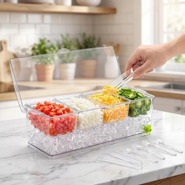Alt view image 5 of 7 - Large Ice Chilled Condiment Server with Lid, 4 Compartments Chilled Condiment Caddy, Bar Garnish Serving Platter Holder Tray for Mimosa Taco Salad Soda Lemonade Bar Supplies, 2 Tongs, 6 Forks