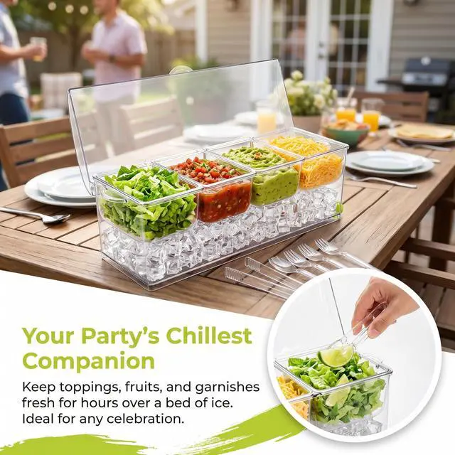 Alt view image 6 of 7 - Large Ice Chilled Condiment Server with Lid, 4 Compartments Chilled Condiment Caddy, Bar Garnish Serving Platter Holder Tray for Mimosa Taco Salad Soda Lemonade Bar Supplies, 2 Tongs, 6 Forks