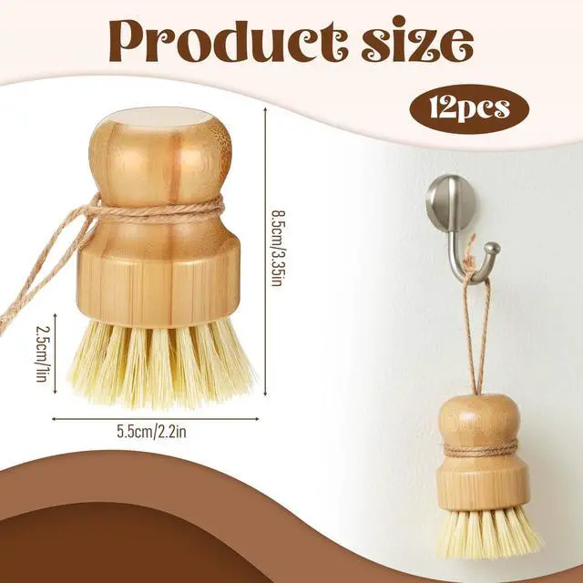 Alt view image 2 of 7 - 12 Pack Bamboo Dish Scrub Brushes Kitchen Dishwashing Scrubber Vegetable Brush with Hanging Rope Wooden Natural Sisal Bristles Cleaning Brush for Iron Pot Pan Sink