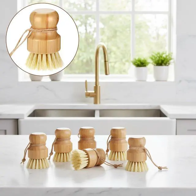 Alt view image 4 of 7 - 12 Pack Bamboo Dish Scrub Brushes Kitchen Dishwashing Scrubber Vegetable Brush with Hanging Rope Wooden Natural Sisal Bristles Cleaning Brush for Iron Pot Pan Sink