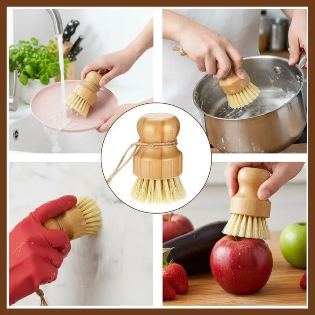 Alt view image 3 of 7 - 12 Pack Bamboo Dish Scrub Brushes Kitchen Dishwashing Scrubber Vegetable Brush with Hanging Rope Wooden Natural Sisal Bristles Cleaning Brush for Iron Pot Pan Sink