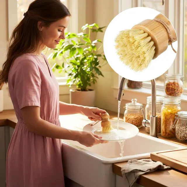 Alt view image 7 of 7 - 12 Pack Bamboo Dish Scrub Brushes Kitchen Dishwashing Scrubber Vegetable Brush with Hanging Rope Wooden Natural Sisal Bristles Cleaning Brush for Iron Pot Pan Sink