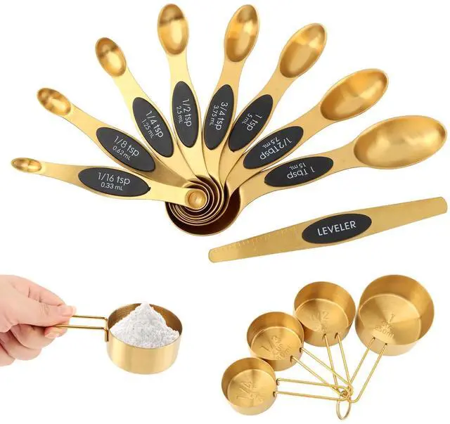 Main image of Gold Measuring Cups and Spoons Set, 13-Piece Stainless Steel, 4 Nesting Cups + 8 Double-Sided Measuring Spoons + Leveler, Engraved Sizes, Gold Finish for Cooking and Baking
