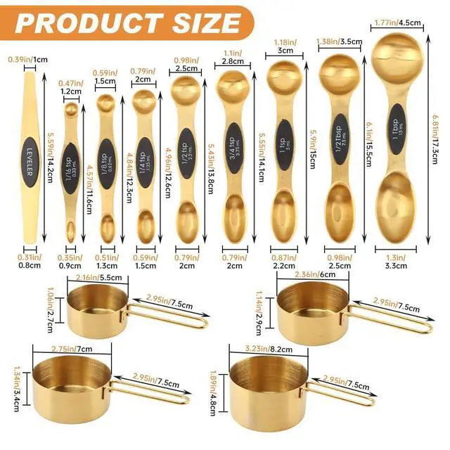 Alt view image 2 of 7 - Gold Measuring Cups and Spoons Set, 13-Piece Stainless Steel, 4 Nesting Cups + 8 Double-Sided Measuring Spoons + Leveler, Engraved Sizes, Gold Finish for Cooking and Baking