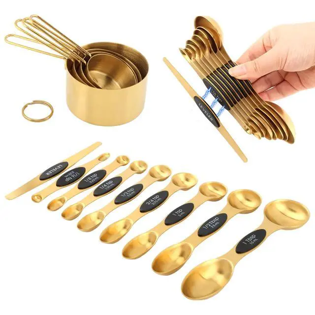 Alt view image 3 of 7 - Gold Measuring Cups and Spoons Set, 13-Piece Stainless Steel, 4 Nesting Cups + 8 Double-Sided Measuring Spoons + Leveler, Engraved Sizes, Gold Finish for Cooking and Baking