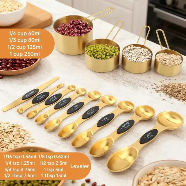 Alt view image 4 of 7 - Gold Measuring Cups and Spoons Set, 13-Piece Stainless Steel, 4 Nesting Cups + 8 Double-Sided Measuring Spoons + Leveler, Engraved Sizes, Gold Finish for Cooking and Baking
