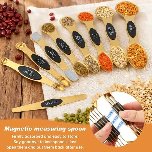 Alt view image 5 of 7 - Gold Measuring Cups and Spoons Set, 13-Piece Stainless Steel, 4 Nesting Cups + 8 Double-Sided Measuring Spoons + Leveler, Engraved Sizes, Gold Finish for Cooking and Baking