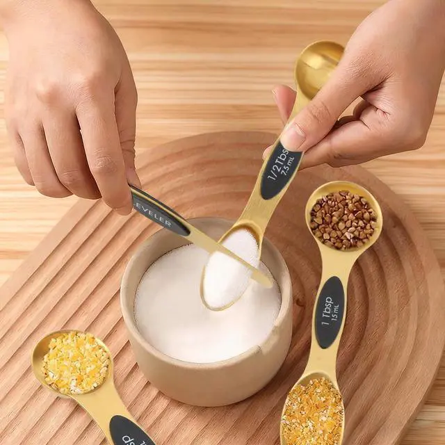Alt view image 6 of 7 - Gold Measuring Cups and Spoons Set, 13-Piece Stainless Steel, 4 Nesting Cups + 8 Double-Sided Measuring Spoons + Leveler, Engraved Sizes, Gold Finish for Cooking and Baking