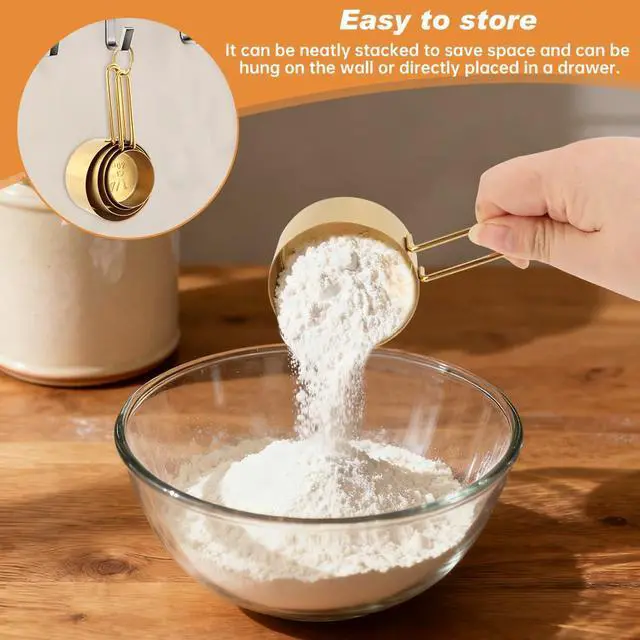 Alt view image 7 of 7 - Gold Measuring Cups and Spoons Set, 13-Piece Stainless Steel, 4 Nesting Cups + 8 Double-Sided Measuring Spoons + Leveler, Engraved Sizes, Gold Finish for Cooking and Baking