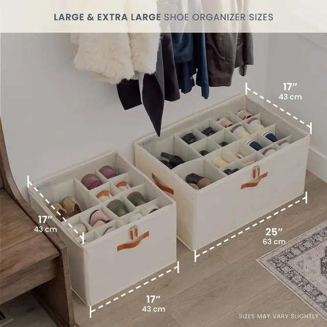 Alt view image 5 of 7 - Large Shoe Storage Bin for Closet, Shoe Organizer Box Fits up to 16 Pairs, Collapsible Fabric Shoe Basket w/Clear Cover, Adjustable Dividers & Reinforced Handles, Off-White