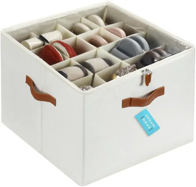 Main image of Large Shoe Storage Bin for Closet, Shoe Organizer Box Fits up to 16 Pairs, Collapsible Fabric Shoe Basket w/Clear Cover, Adjustable Dividers & Reinforced Handles, Off-White