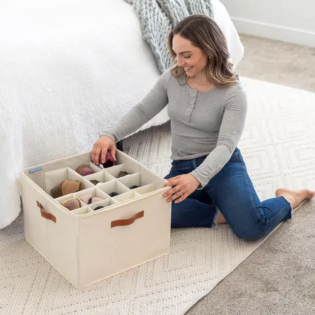 Alt view image 3 of 7 - Large Shoe Storage Bin for Closet, Shoe Organizer Box Fits up to 16 Pairs, Collapsible Fabric Shoe Basket w/Clear Cover, Adjustable Dividers & Reinforced Handles, Off-White