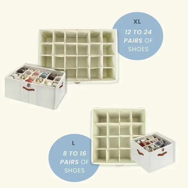 Alt view image 4 of 7 - Large Shoe Storage Bin for Closet, Shoe Organizer Box Fits up to 16 Pairs, Collapsible Fabric Shoe Basket w/Clear Cover, Adjustable Dividers & Reinforced Handles, Off-White