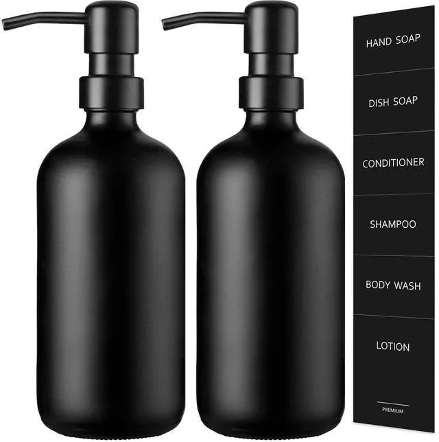 Main image of Black Soap Dispenser, 2 Pack Matte Black Hand Soap Dispensers Bathroom with Stainless Steel Pump, 17 Fl Oz Glass Dish Soap Dispenser Set for Kitchen, Modern Liquid Soap Bottle with Labels
