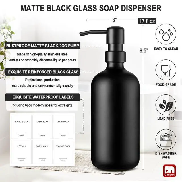 Alt view image 3 of 7 - Black Soap Dispenser, 2 Pack Matte Black Hand Soap Dispensers Bathroom with Stainless Steel Pump, 17 Fl Oz Glass Dish Soap Dispenser Set for Kitchen, Modern Liquid Soap Bottle with Labels