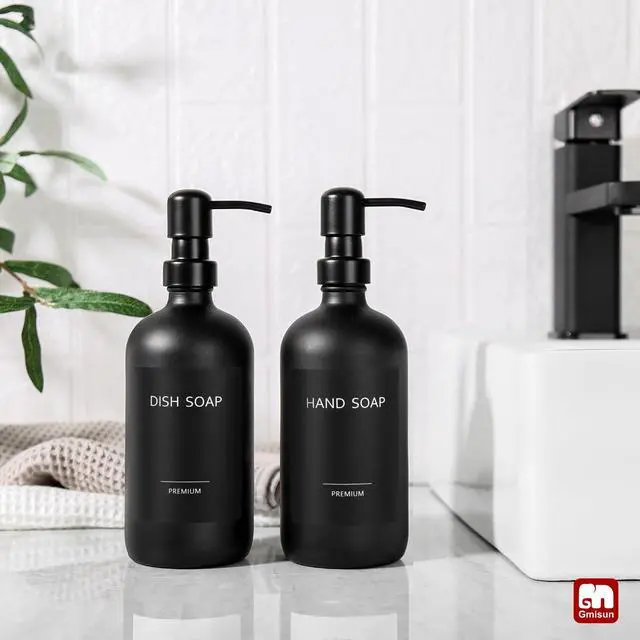 Alt view image 4 of 7 - Black Soap Dispenser, 2 Pack Matte Black Hand Soap Dispensers Bathroom with Stainless Steel Pump, 17 Fl Oz Glass Dish Soap Dispenser Set for Kitchen, Modern Liquid Soap Bottle with Labels