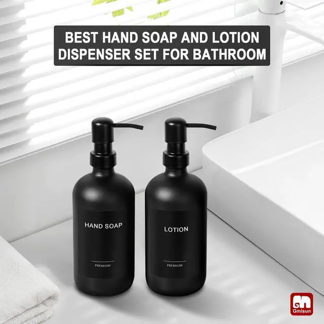 Alt view image 5 of 7 - Black Soap Dispenser, 2 Pack Matte Black Hand Soap Dispensers Bathroom with Stainless Steel Pump, 17 Fl Oz Glass Dish Soap Dispenser Set for Kitchen, Modern Liquid Soap Bottle with Labels