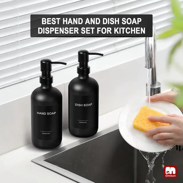 Alt view image 6 of 7 - Black Soap Dispenser, 2 Pack Matte Black Hand Soap Dispensers Bathroom with Stainless Steel Pump, 17 Fl Oz Glass Dish Soap Dispenser Set for Kitchen, Modern Liquid Soap Bottle with Labels