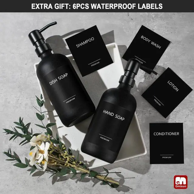 Alt view image 7 of 7 - Black Soap Dispenser, 2 Pack Matte Black Hand Soap Dispensers Bathroom with Stainless Steel Pump, 17 Fl Oz Glass Dish Soap Dispenser Set for Kitchen, Modern Liquid Soap Bottle with Labels