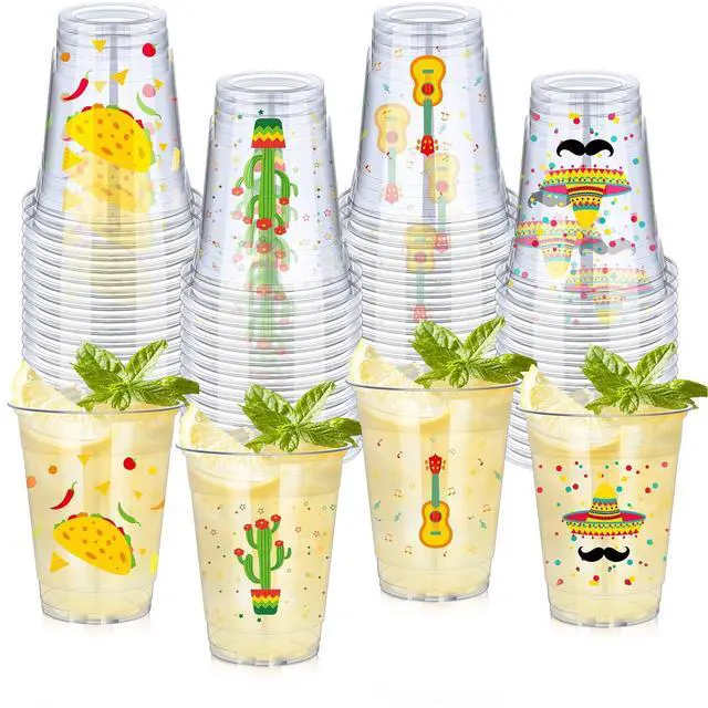 Main image of 50 Pcs 12 oz Fiesta Cup Plastic Mexican Cup Clear Disposable Margarita Glasses Cinco De Mayo Party Decorations for Taco Bout Bar Night Tequila Birthday Party Drinkware Supplies, 4 Style