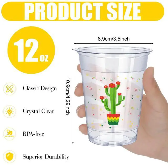 Alt view image 2 of 6 - 50 Pcs 12 oz Fiesta Cup Plastic Mexican Cup Clear Disposable Margarita Glasses Cinco De Mayo Party Decorations for Taco Bout Bar Night Tequila Birthday Party Drinkware Supplies, 4 Style