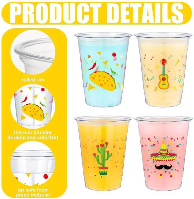 Alt view image 3 of 6 - 50 Pcs 12 oz Fiesta Cup Plastic Mexican Cup Clear Disposable Margarita Glasses Cinco De Mayo Party Decorations for Taco Bout Bar Night Tequila Birthday Party Drinkware Supplies, 4 Style