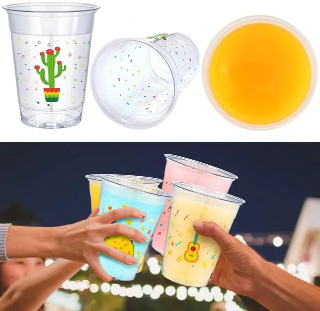 Alt view image 6 of 6 - 50 Pcs 12 oz Fiesta Cup Plastic Mexican Cup Clear Disposable Margarita Glasses Cinco De Mayo Party Decorations for Taco Bout Bar Night Tequila Birthday Party Drinkware Supplies, 4 Style