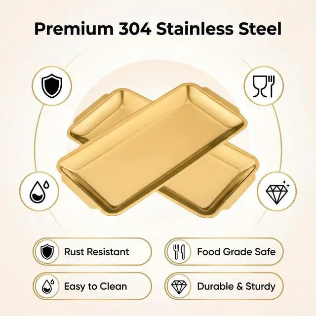 Alt view image 3 of 7 - 3-Piece Gold Serving Trays,304 Stainless Steel Heavy Duty Rectangular Platters,12.6 Inch Metal Food Server Set,Chip & Scratch Resistant,Rustproof Commercial Grade for Party, Wedding,Buffet,Christmas