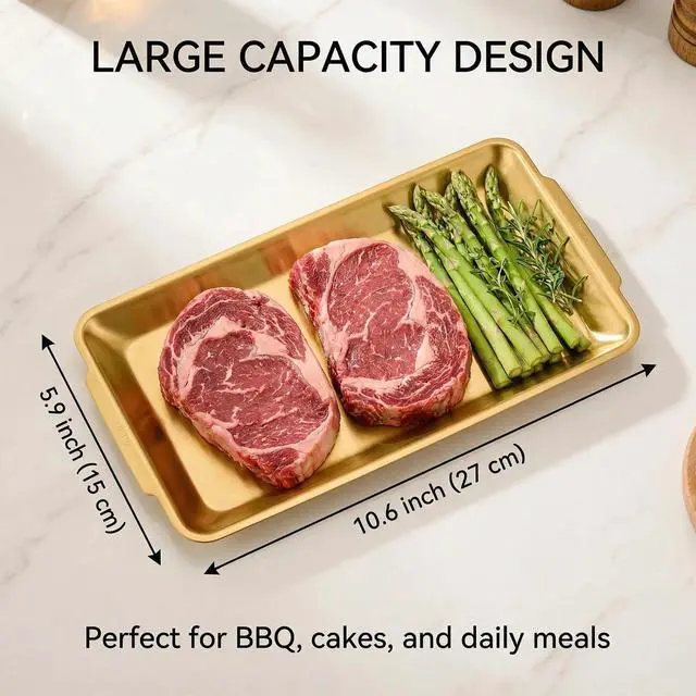 Alt view image 4 of 7 - 3-Piece Gold Serving Trays,304 Stainless Steel Heavy Duty Rectangular Platters,12.6 Inch Metal Food Server Set,Chip & Scratch Resistant,Rustproof Commercial Grade for Party, Wedding,Buffet,Christmas