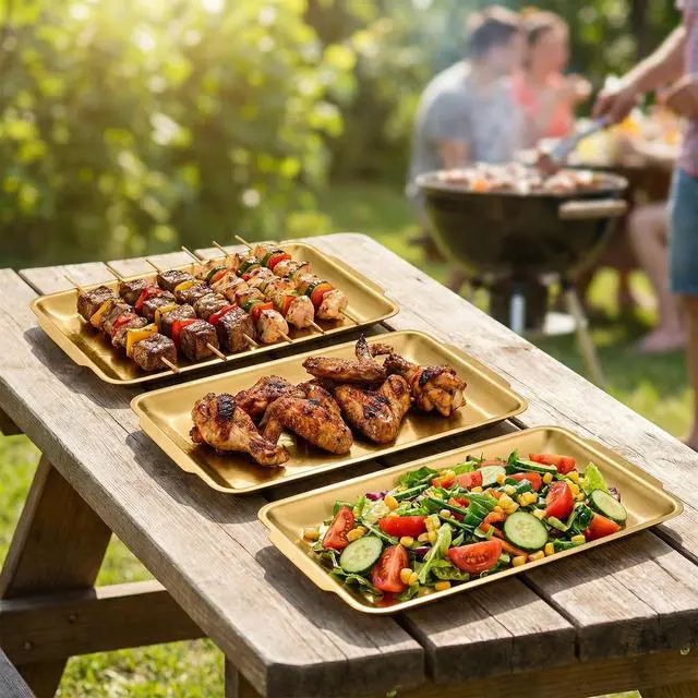 Alt view image 5 of 7 - 3-Piece Gold Serving Trays,304 Stainless Steel Heavy Duty Rectangular Platters,12.6 Inch Metal Food Server Set,Chip & Scratch Resistant,Rustproof Commercial Grade for Party, Wedding,Buffet,Christmas